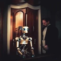 Ein Mann legt vor einem Roboter im Beichtstuhl seine Beichte ab.