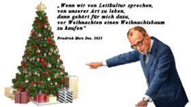Friedrich Merz zeigt auf einen Weihnachtsbaum und fordert eine Leitkultur ein