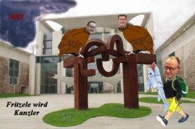 Friedrich Mertz läuft als Schulanfänger mit einem Hai als Schultüte zum Bundeskanzleramt. Auf dem Denkmal davor sitzen Jens Span und Markus Söder als Geier. Am Himmel brauen sich Gewitterwolken zusammen, in denen der Schriftzug der AfD zu sehen ist. Text: Fritzele wird Kanzler