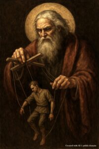 Gott als alter Mann mit langem Bart spielt mit einem Menschen, der als Marionette an einem Marionettenkreuz hängt.