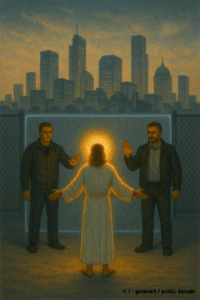 Jesus steht vor einer Stadt, zu der ihm der Zutritt durch weiße Männer verwehrt wird.