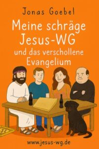 Jonas, Trixi, Jesus und Luther sitzen an einem Tisch, auf dem ein Pizzakarton liegt und zwei Flaschen stehen. Davor sitzt erwartungsvoll der Hund James