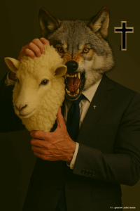 Ein Mann im Anzug mit einem gefährlich wirkendem Wolfskopf zieht eine Schafsmaske ab.