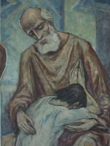 Der verlorene Sohn liegt bittend in den Armen und auf dem Schoß des barmherzigen Vaters